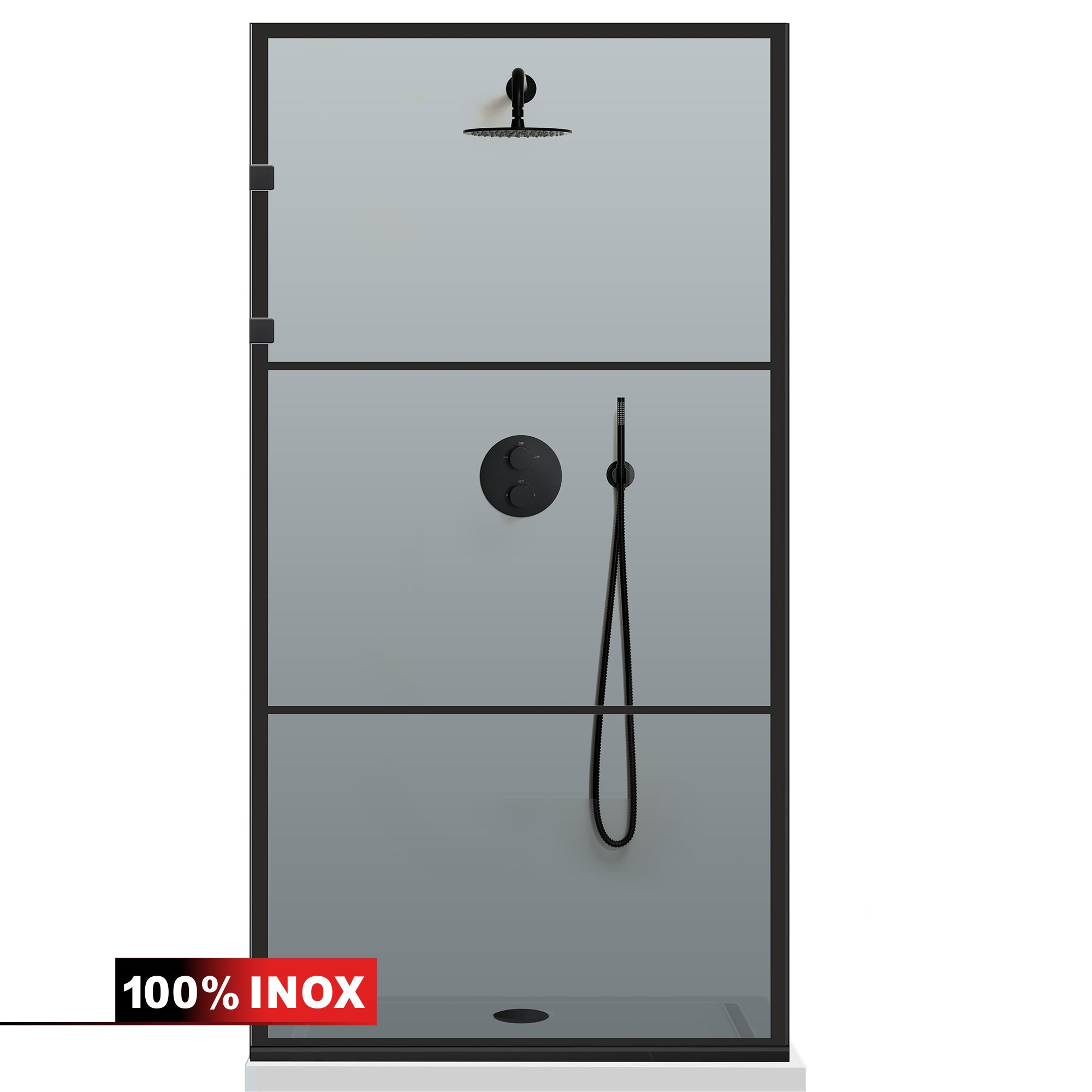 Paravan dus Walk-in, Perete dus Inox, negru mat #Gri