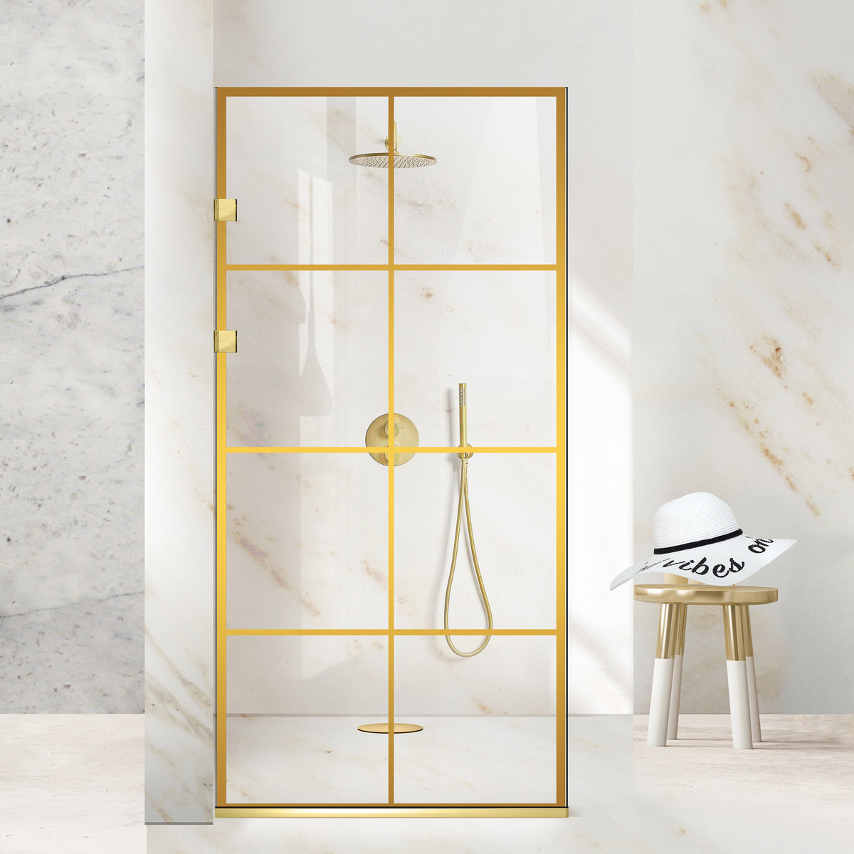 Aqua Elegance ® Gold walk-in shower screen, Mode gold model, full gold stainless steel hardware, clear tempered glass